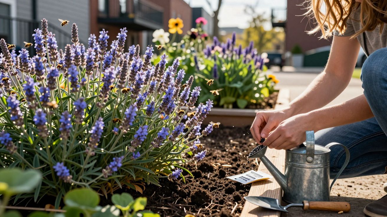 Pessoa a plantar sementes num jardim urbano com flores, regador e abelhas em movimento.