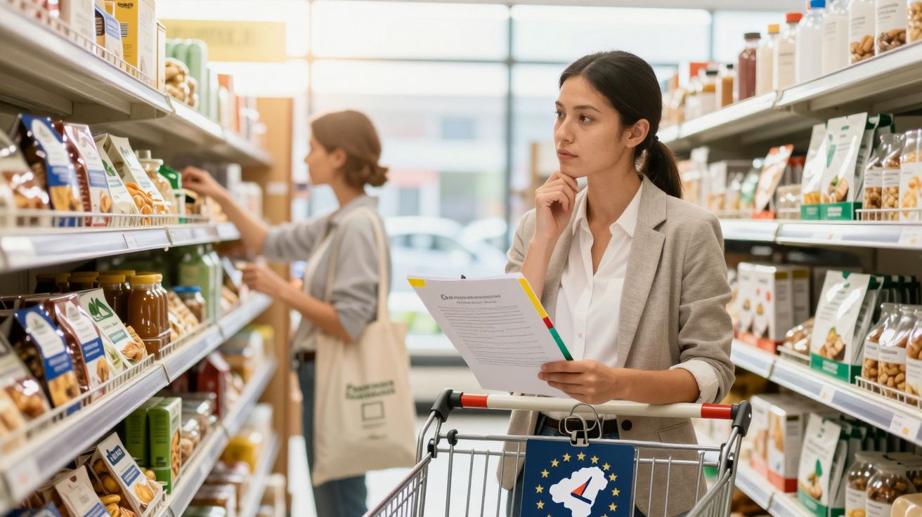 Mulher a fazer compras no supermercado, consultando lista enquanto observa prateleiras de produtos.