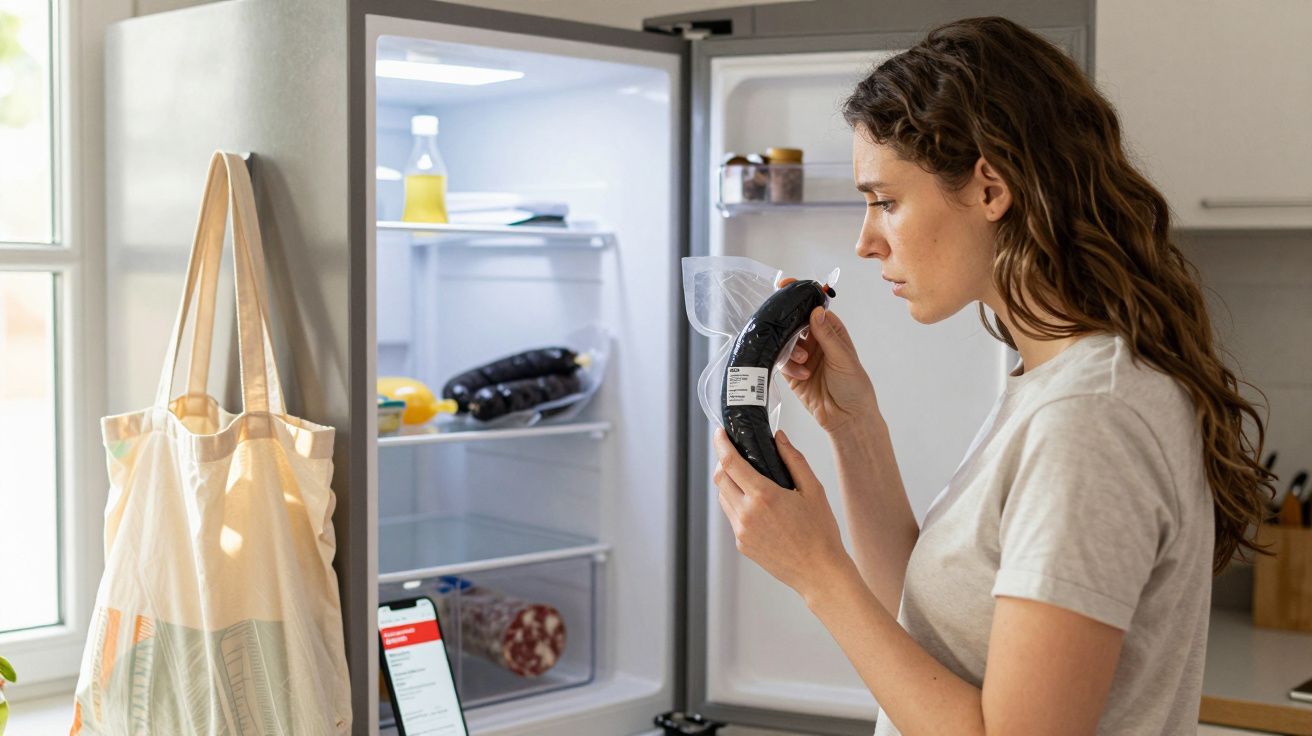 Mulher a examinar data de validade de enchido preto junto de frigorífico aberto numa cozinha luminosa.