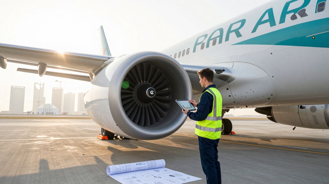 Técnico em colete refletor inspeciona motor de avião na pista com plantas técnicas no chão.