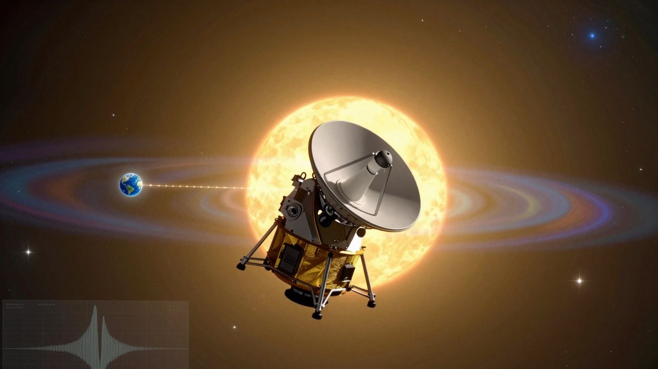 Sonda espacial em órbita no espaço com o Sol ao fundo e a Terra visível à distância.