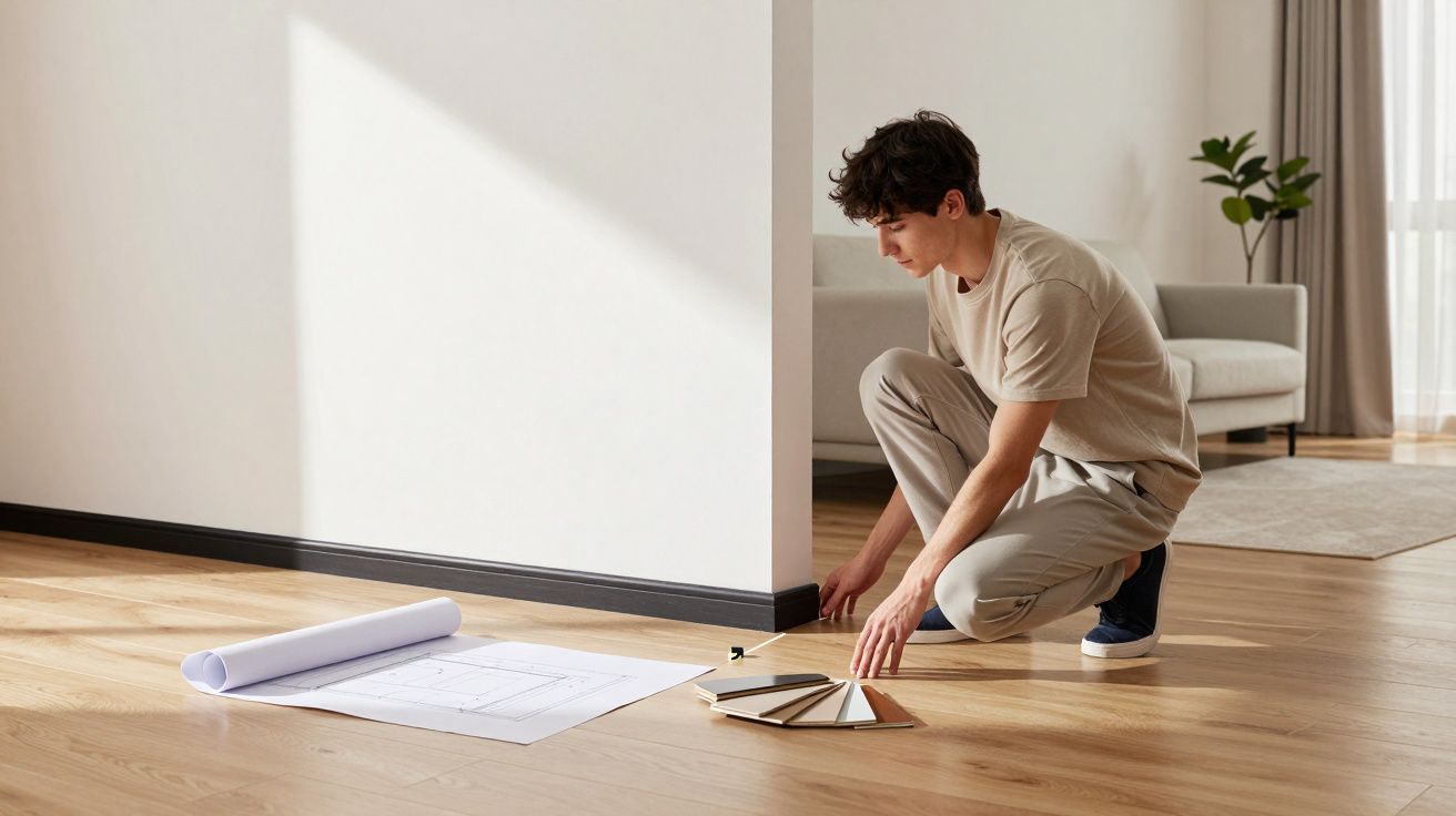 Homem jovem ajoelhado em chão de madeira, a escolher amostras de cor junto a planta baixa rolada.