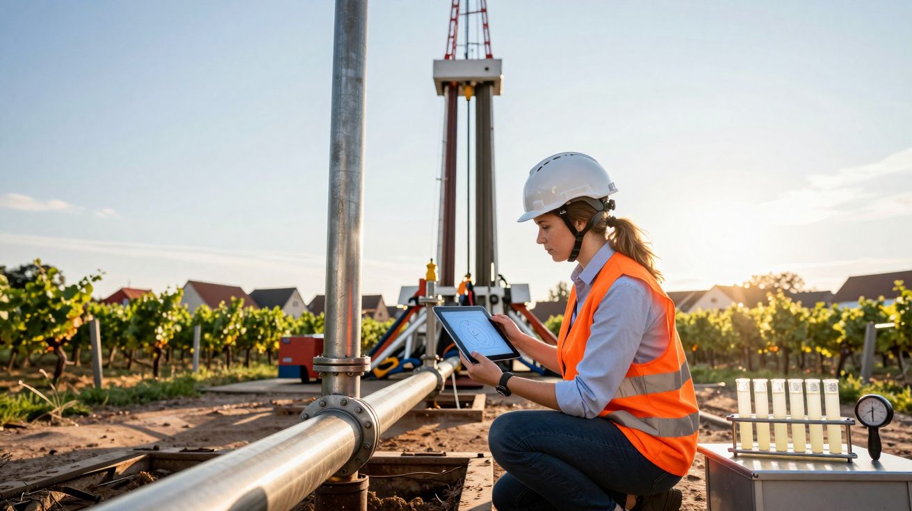 Engenheira com colete e capacete analisa dados num tablet junto a equipamento de perfuração num campo agrícola.