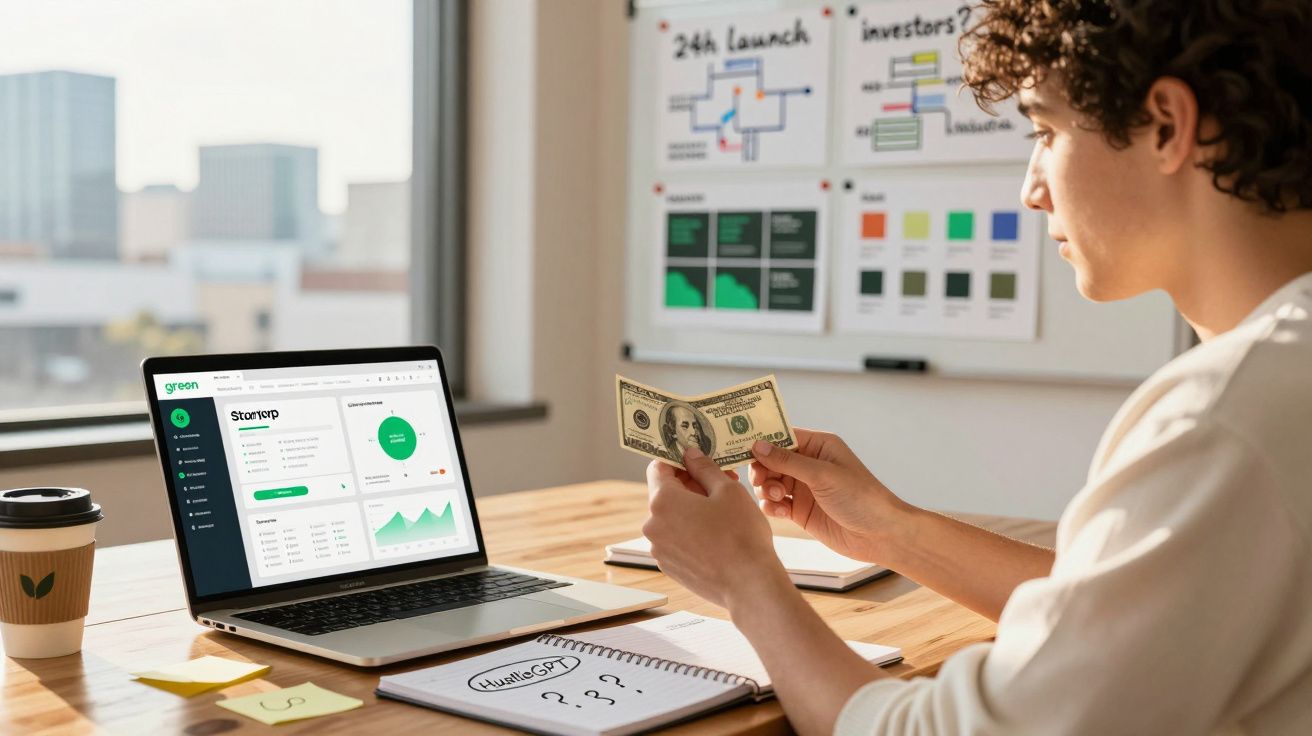 Pessoa a contar notas de dólar junto a computador com gráficos financeiros e apontamentos num escritório iluminado.