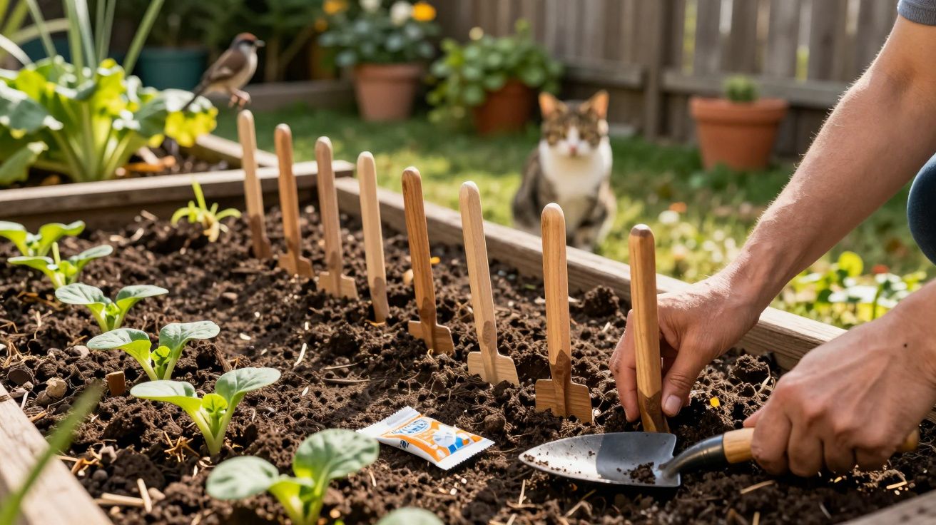 Mãos a plantar uma pequena muda numa horta com mini placas de madeira e gato ao fundo no jardim.