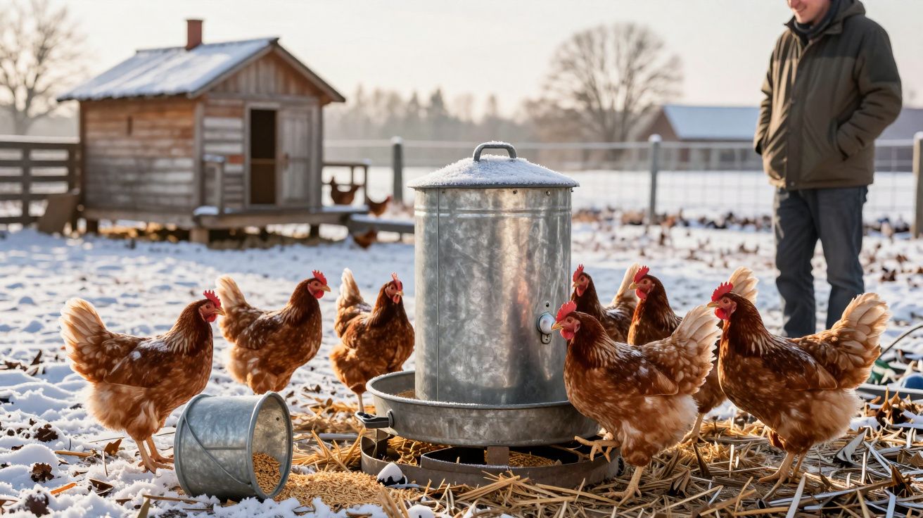 Galinha e homem num quintal com neve perto de comedouros e uma casa de aves.