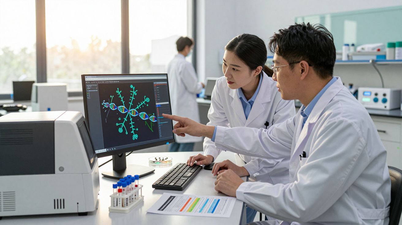 Dois cientistas em batas brancas analisam uma estrutura de DNA num computador num laboratório moderno.