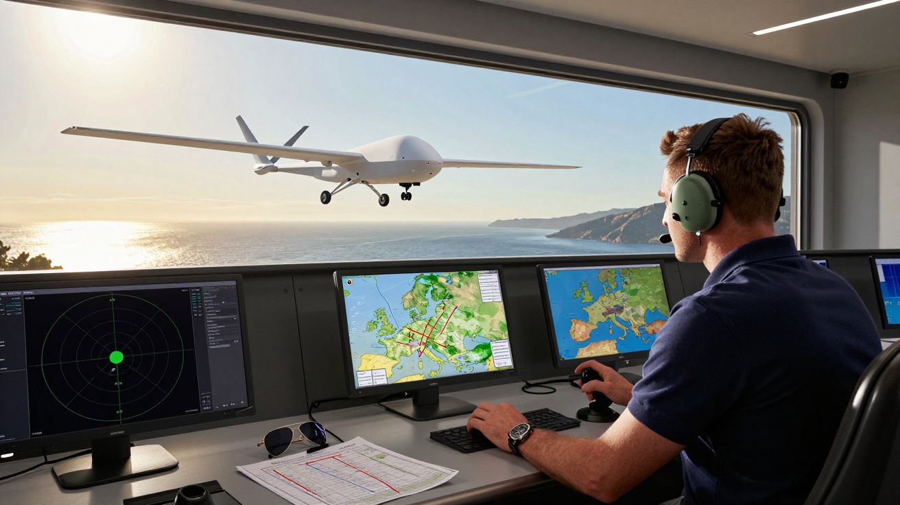 Homem com headset controla drone branco através de vários ecrãs com mapas e radar numa sala junto ao mar.