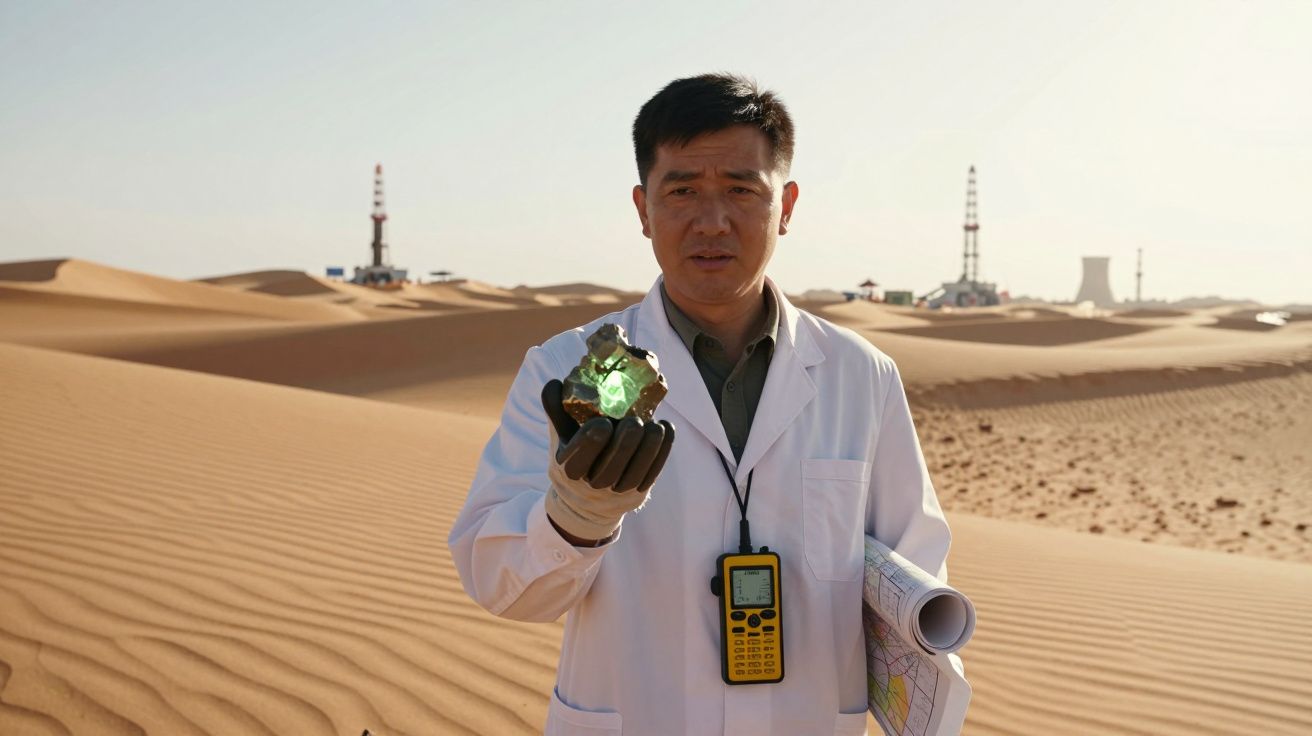 Homem de bata branca segura objeto brilhante num deserto com torres industriais ao fundo.