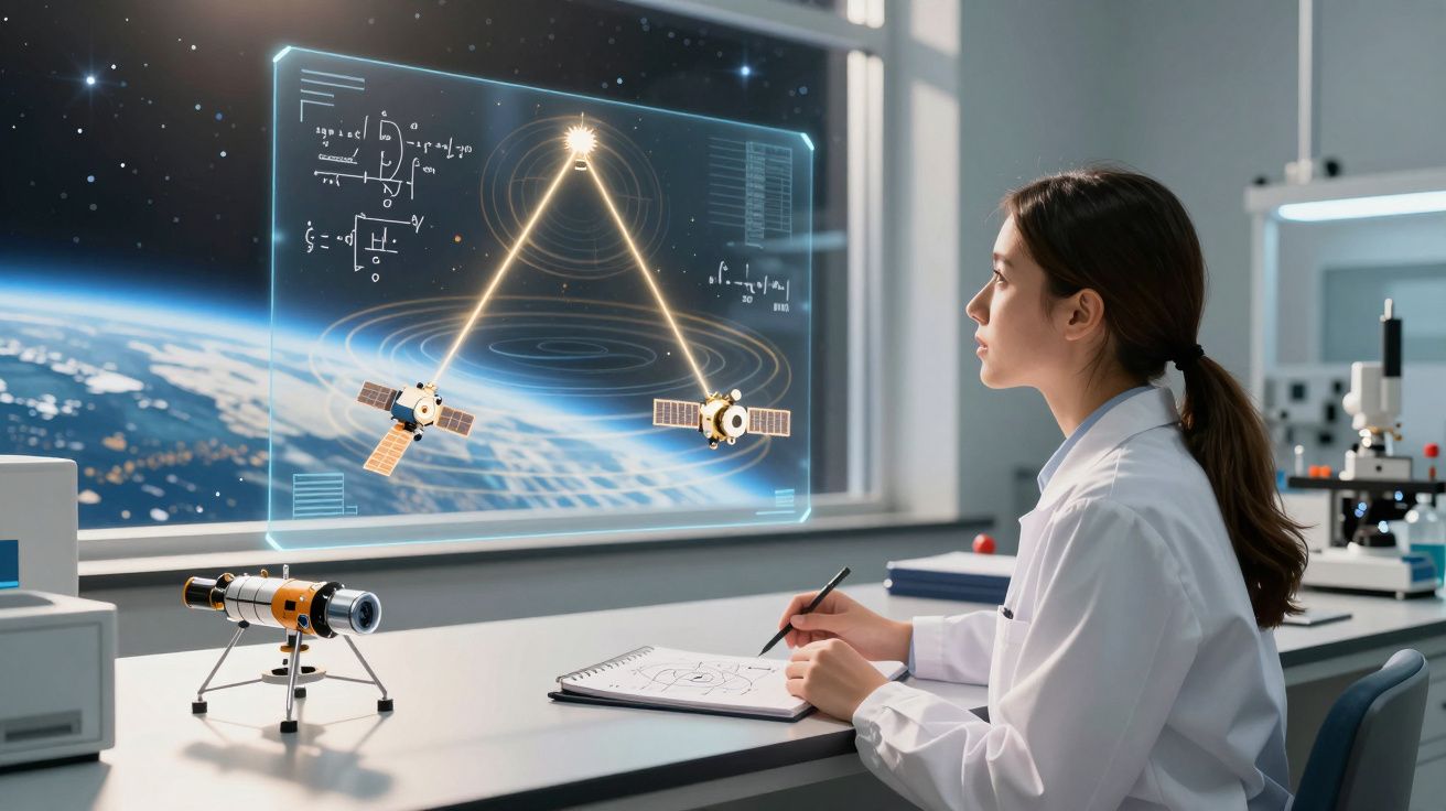Mulher científica em laboratório observa holograma de satélites em órbita com fórmulas matemáticas.