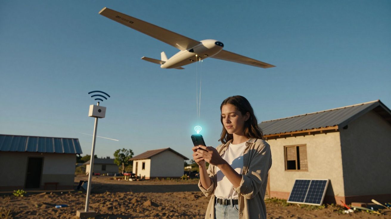 Mulher controla drone que transporta dispositivo, num ambiente rural com casas e painéis solares, através do telemóvel.