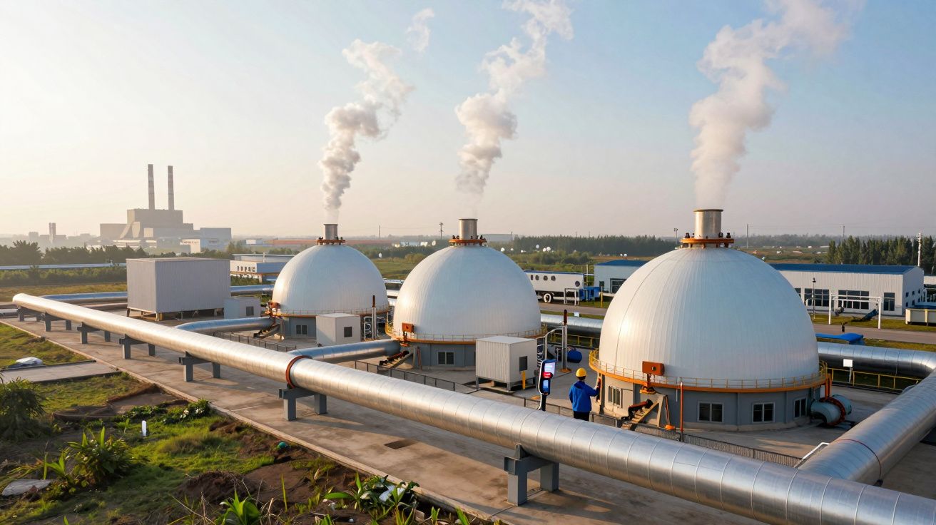 Central industrial com três grandes reservatórios redondos emitindo vapor e tubulações metálicas extensas.