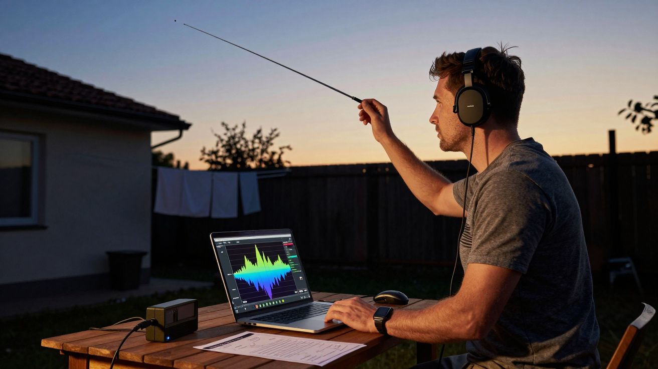 Homem com auscultadores usa laptop e controla áudio no exterior ao entardecer.
