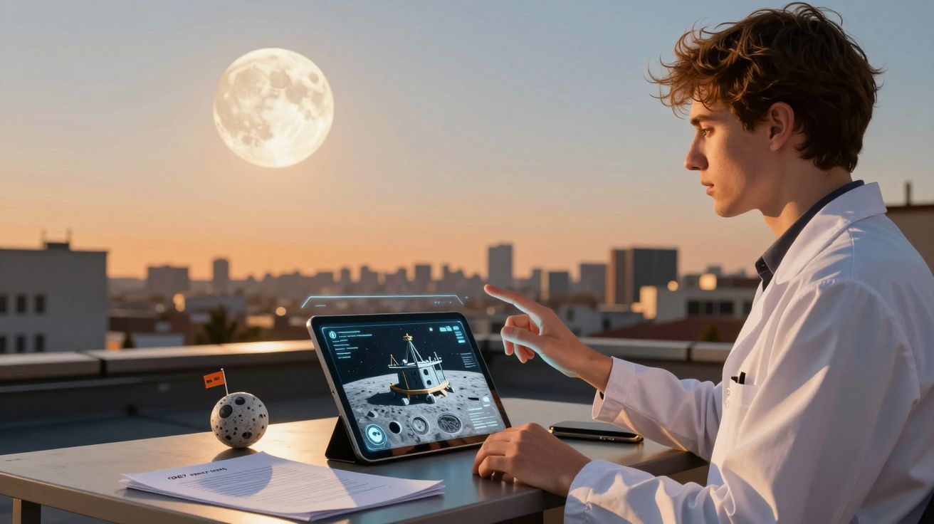 Jovem cientista a analisar modelo lunar em tablet ao pôr do sol, com lua cheia visível ao fundo.