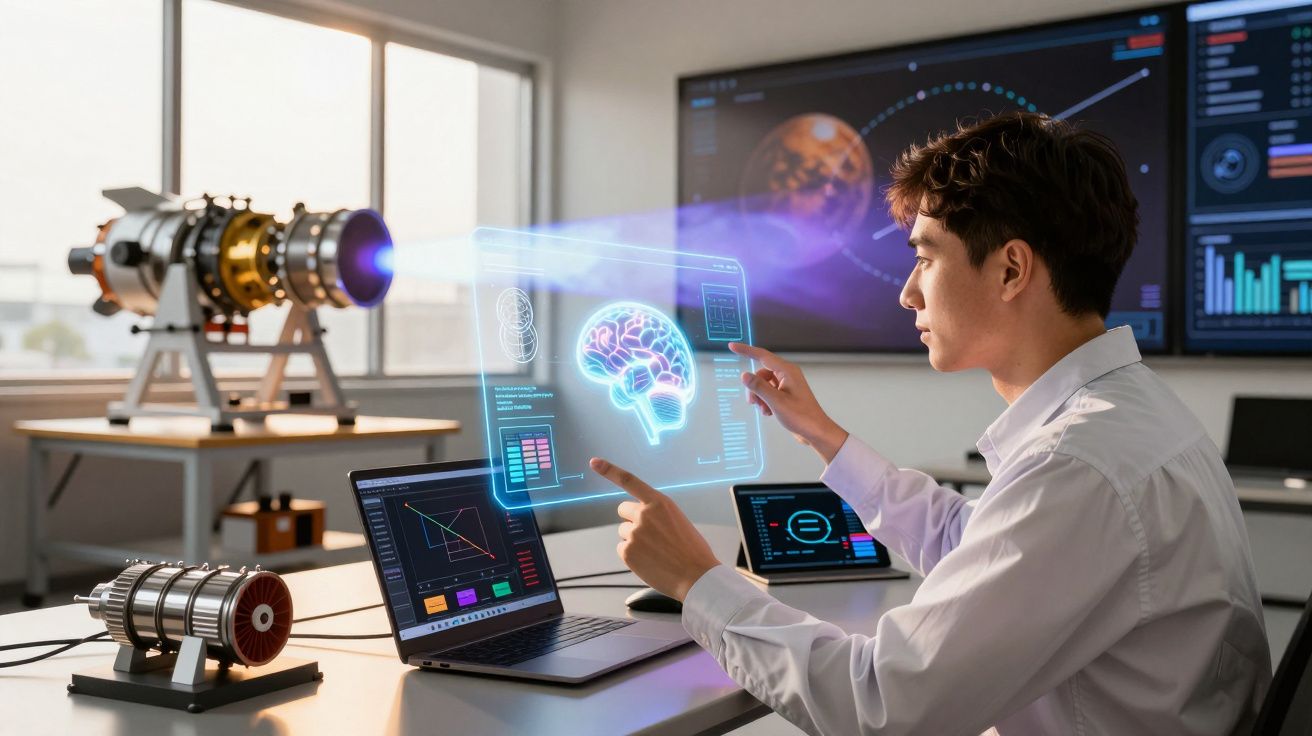 Homem jovem a interagir com holograma de cérebro em escritório tecnológico futurista.