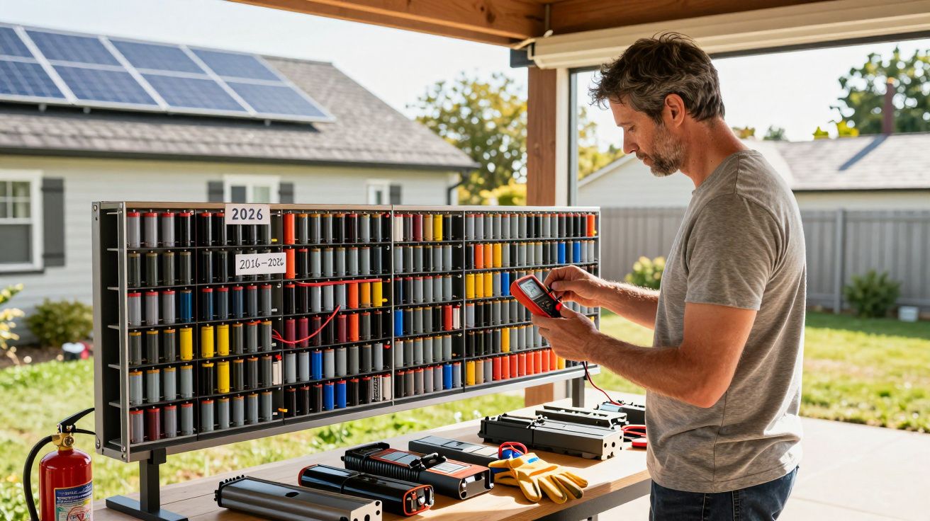 Homem a testar bateria com multímetro junto a painel de células de baterias coloridas numa oficina ao ar livre.