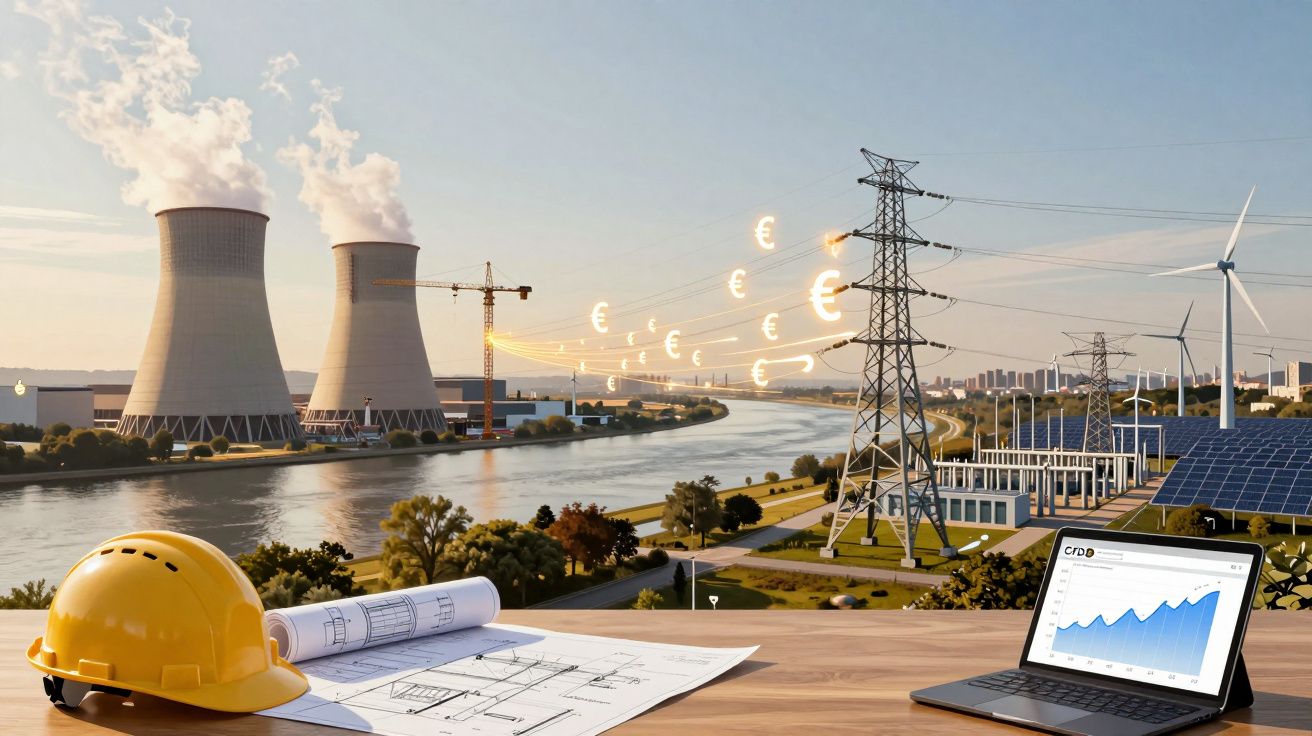 Central elétrica com torres de arrefecimento, painéis solares, turbinas eólicas e gráficos de energia num computador portátil