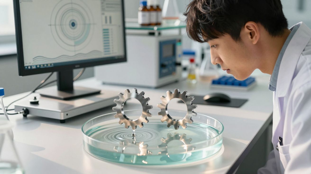 Homem em bata de laboratório observa engrenagens de metal levitando em água numa placa de Petri.