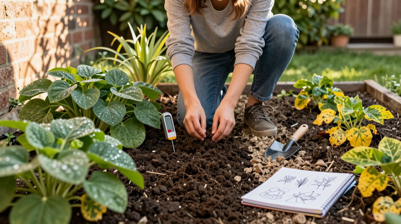 Pessoa a plantar sementes numa cama de jardim, com caderno de desenhos, enxada e plantas ao redor.