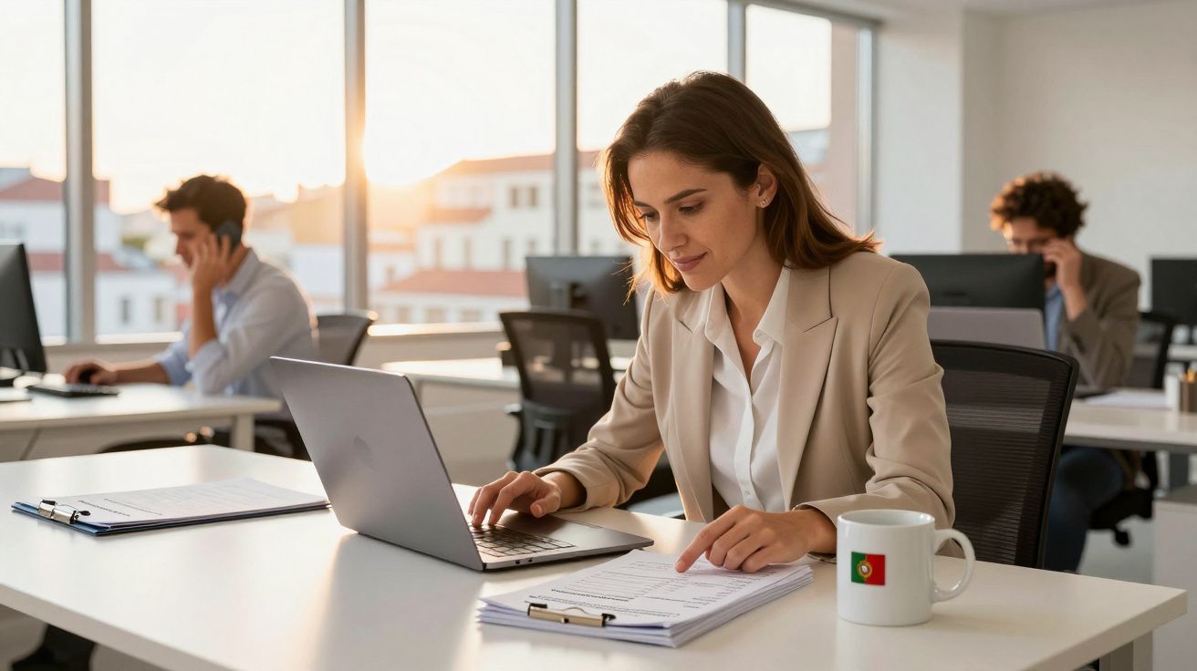 Mulher de negócios a trabalhar num escritório moderno, com computador e documentos, caneca com bandeira de Portugal.