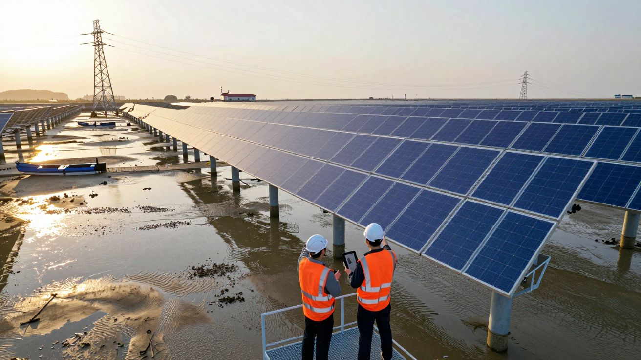 Dois técnicos com coletes laranja e capacetes brancos inspecionam painéis solares junto a água ao pôr do sol.