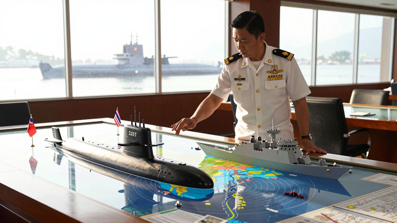 Militar naval asiático observa maquetes de submarino e navio de guerra numa mesa com mapa estratégico.