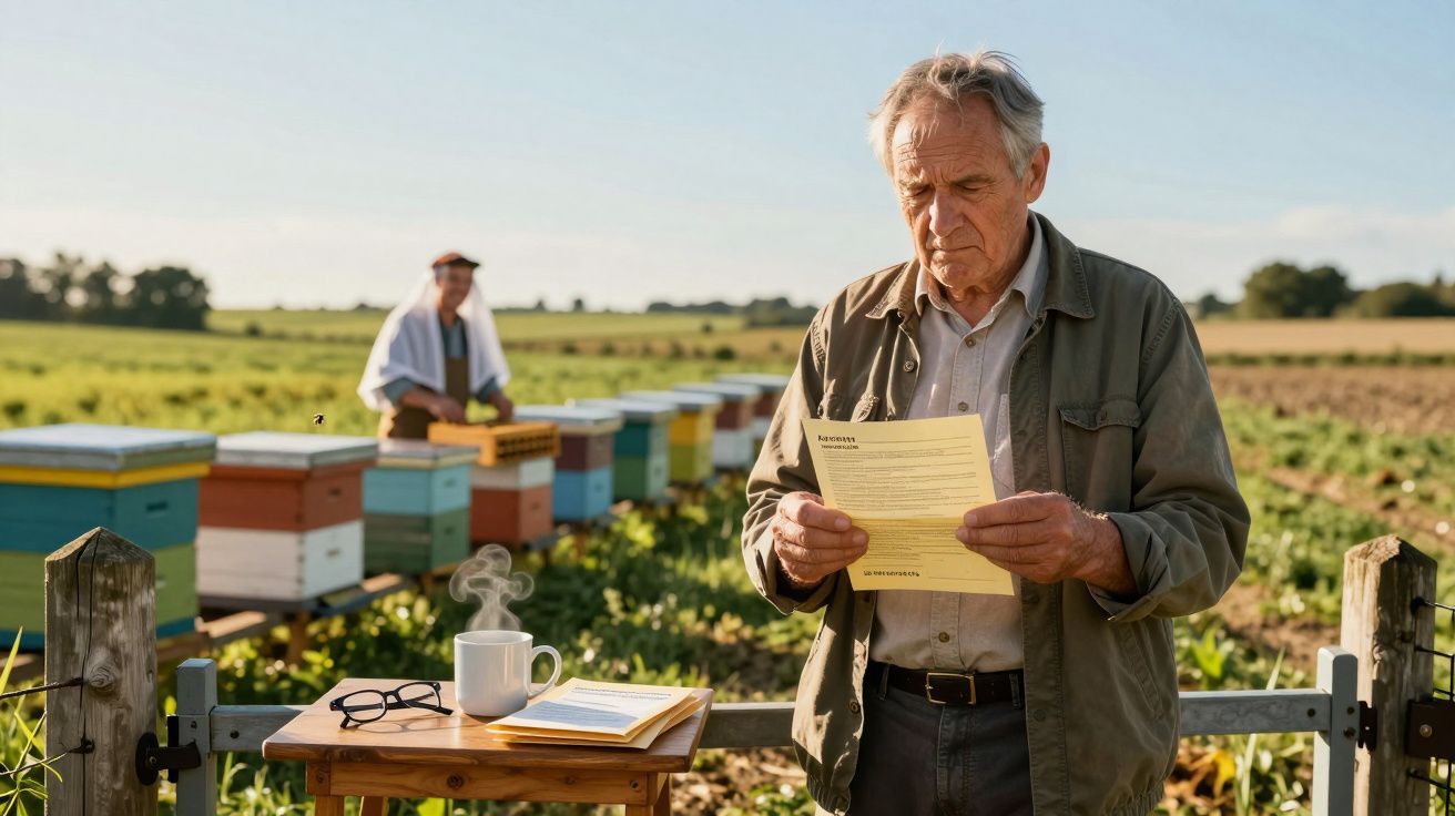 Homem idoso a ler um documento numa quinta com colmeias, mesa com café e óculos à sua frente.