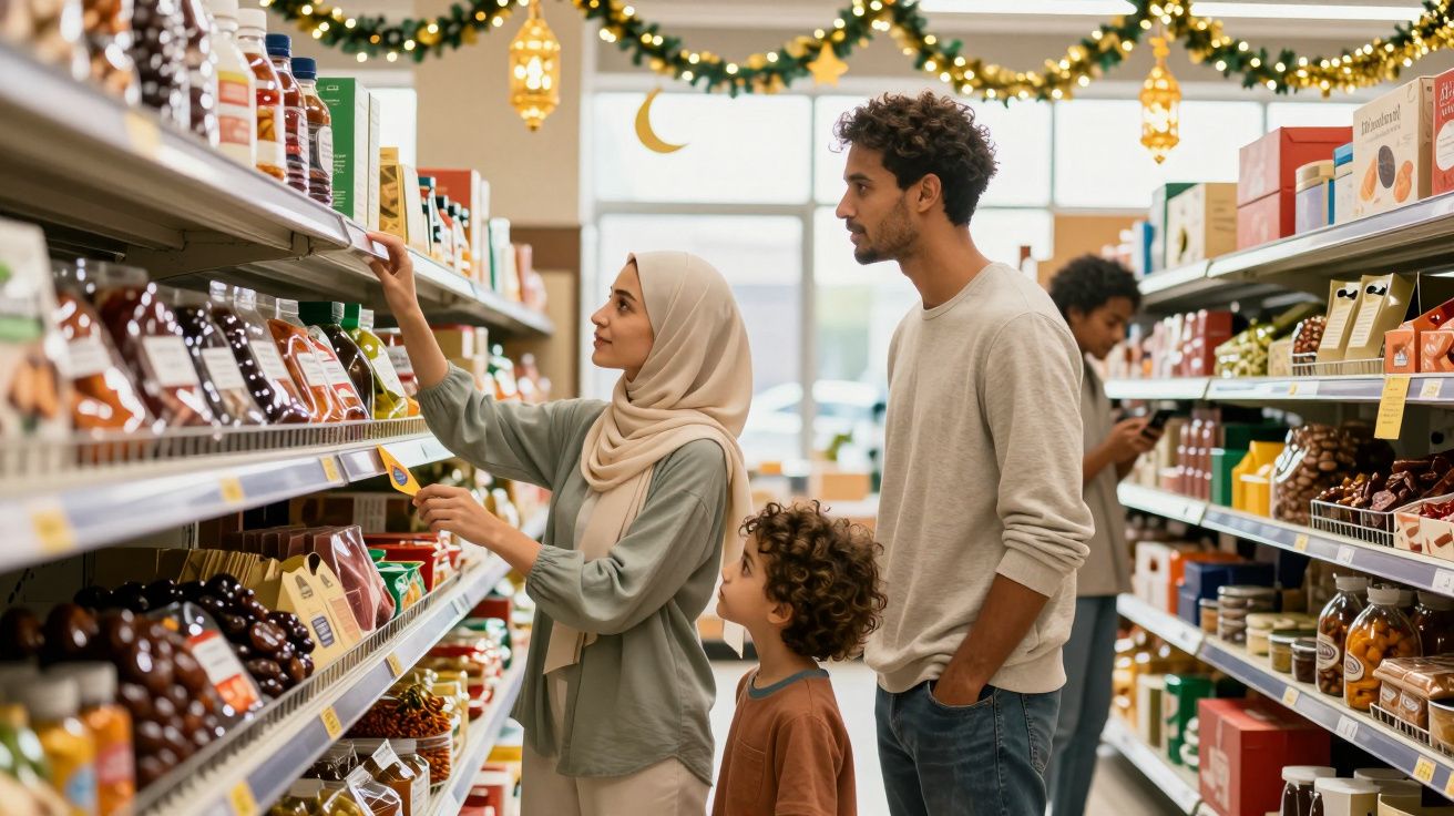 Família muçulmana a fazer compras num supermercado decorado com luzes festivas.