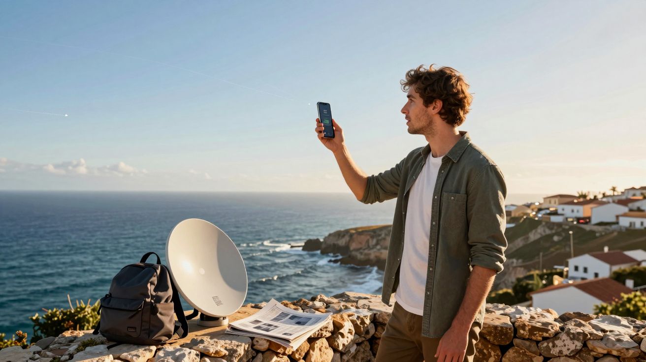 Homem utiliza telemóvel em zona costeira com parabólica, mochila e jornais sobre muro de pedra.