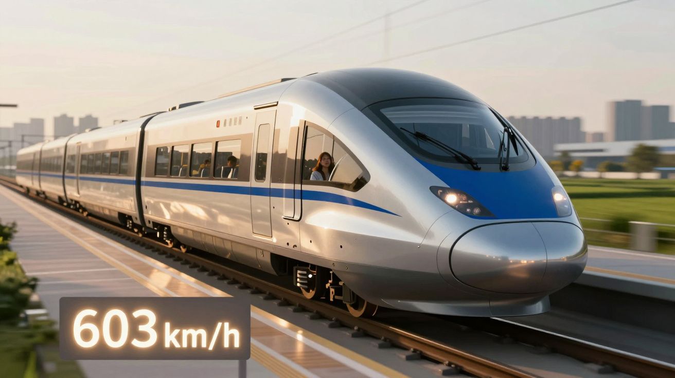 Comboio de alta velocidade prata e azul a circular a 603 km/h numa linha moderna numa área urbana.