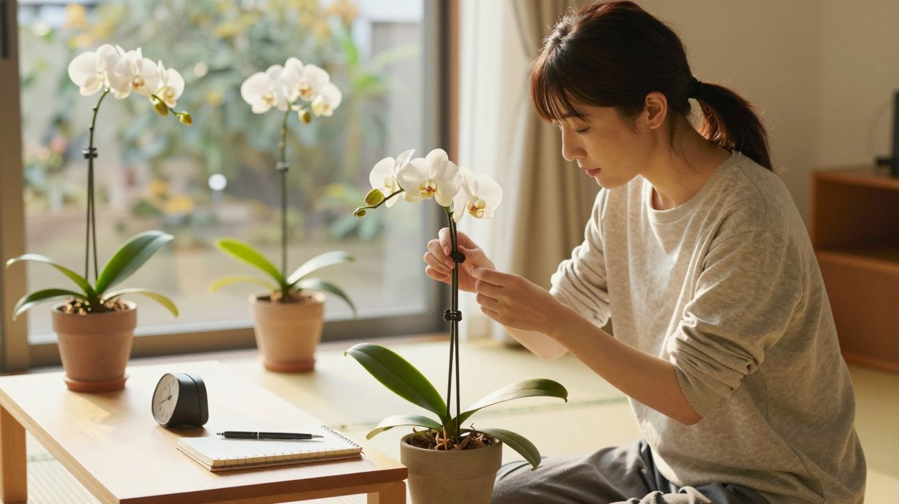 Mulher a cuidar de orquídeas brancas num interior com muita luz natural.