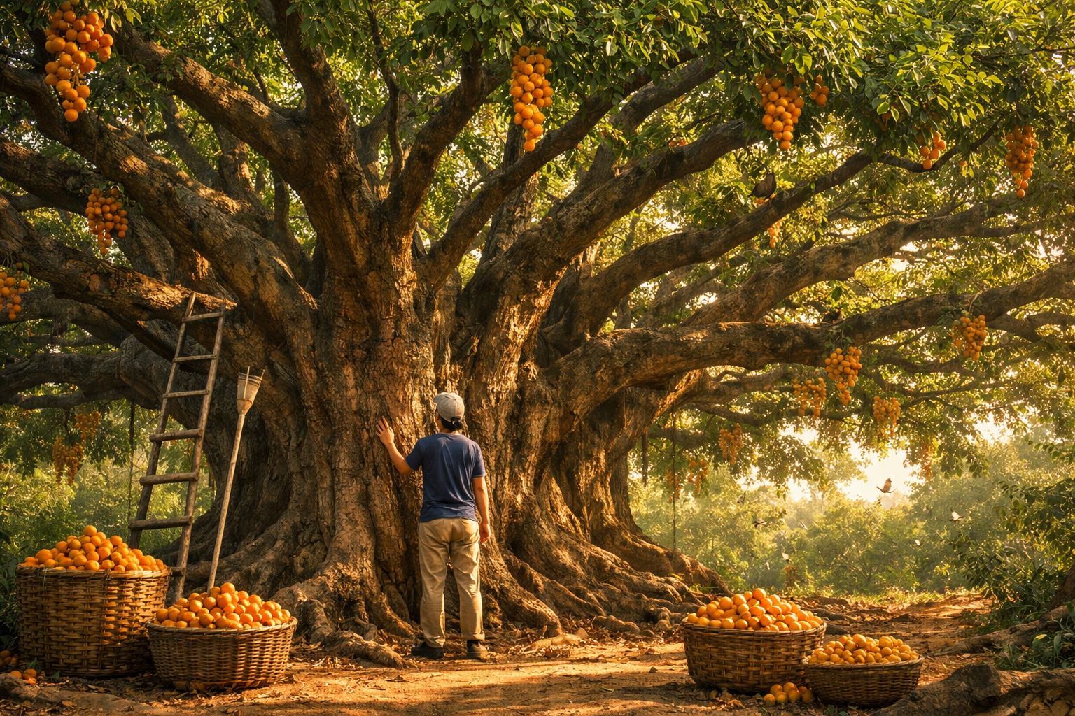 Homem de pé diante de uma árvore gigante com frutos alaranjados e cestos cheios de frutas no chão.