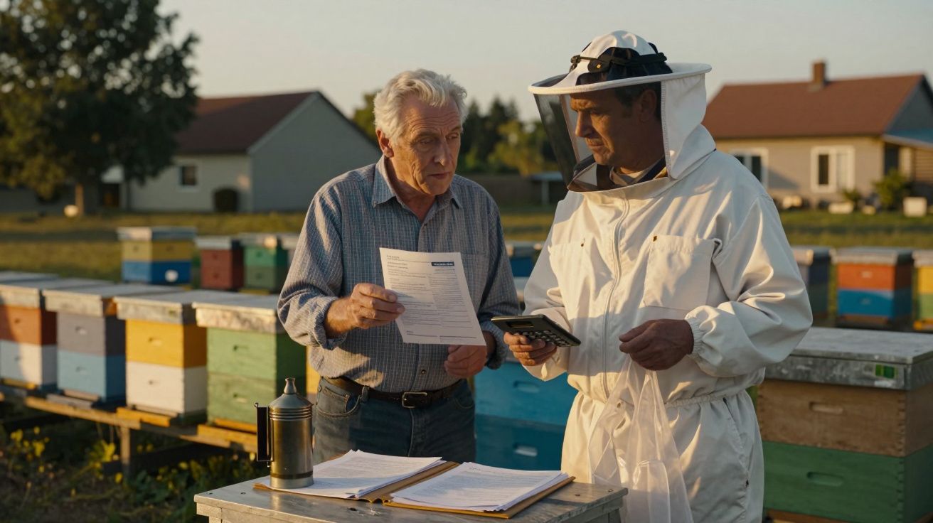 Dois apicultores, um com fato de proteção, a analisar documentos junto a colmeias numa manhã solarenga.