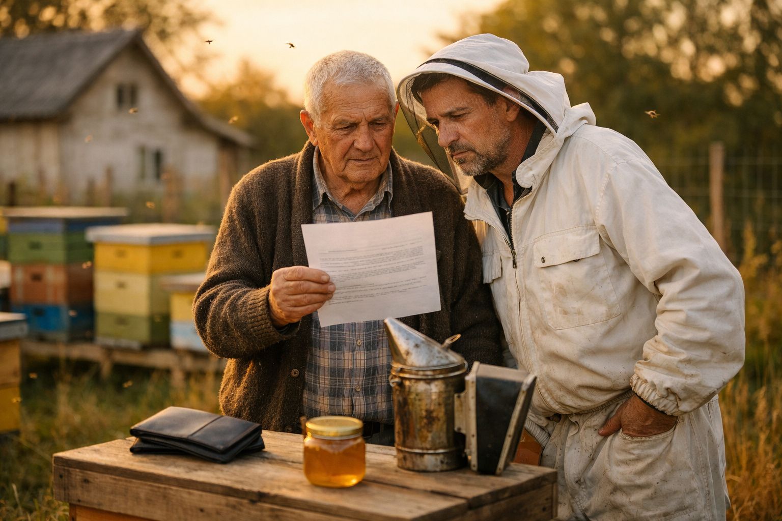 Dois apicultores, um mais velho e um mais novo de fato protetor, analisam um papel junto a colmeias ao pôr do sol.