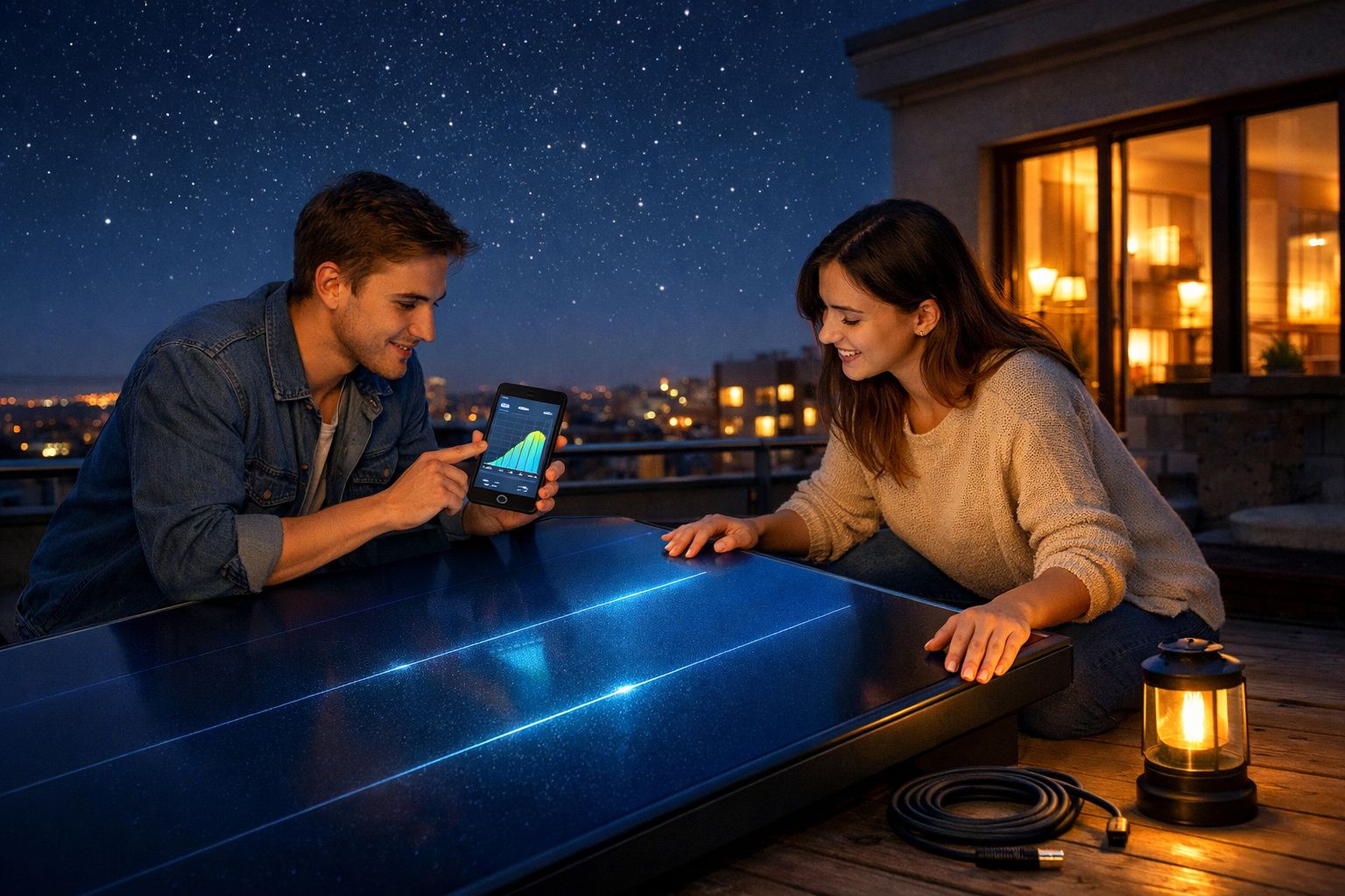 Jovem casal no terraço à noite observa gráficos no telemóvel junto a painéis solares e candeeiro ligado.