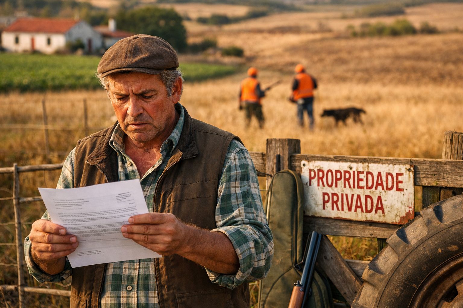Homem de campo lê documento junto a cerca com placa de "Propriedade Privada" em ambiente rural.